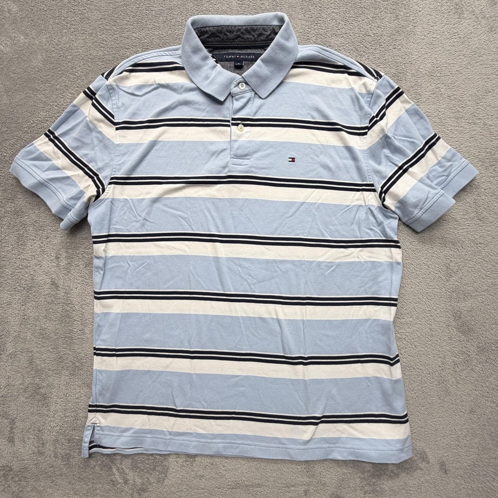 Tommy Hilfiger Polo Shirt‎ Mens XL Blue 100% Cotton Striped Logo